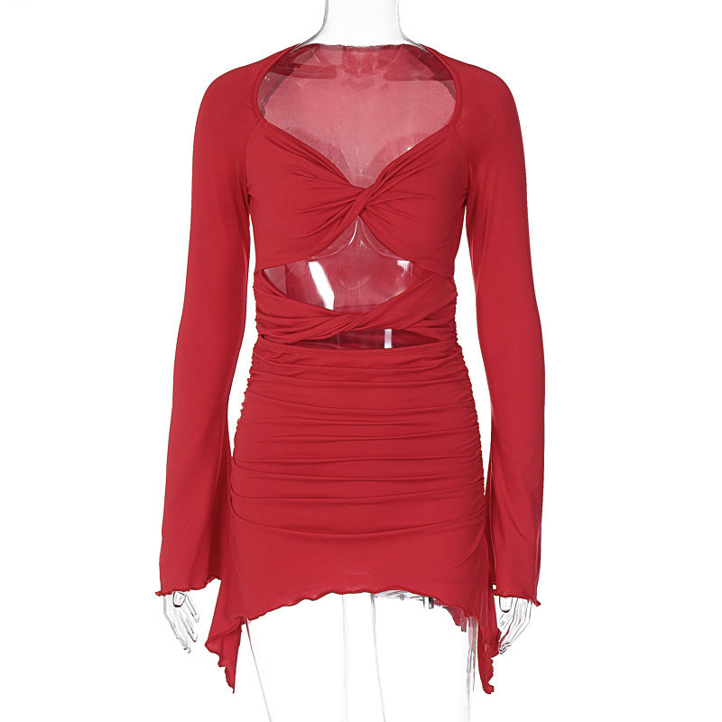 Sexy Tube Top Dress Autumn Long Sleeve Wavy Edge Hollow Out Cutout Pleated Hip Dress for Women