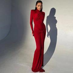 Arrival Tie Halter Corset Cinched Waist Slim Fit Long Sleeve Padded Shoulder Long Elegant Dress