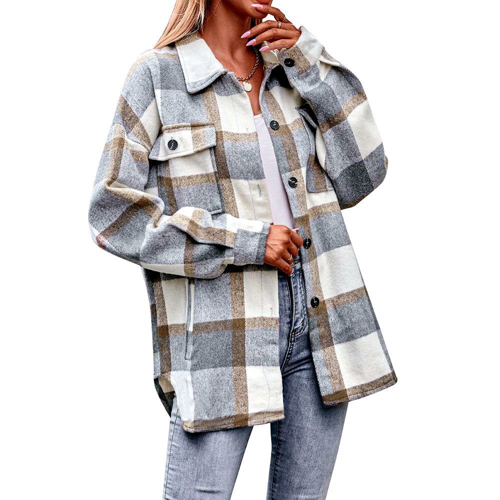 Women Autumn Winter Plaid Jacket Casual Loose Pockets Shirt