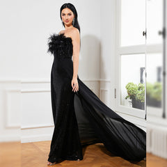 Sexy Long Sequined Sleeveless Feather Wrapped Chest Backless Cocktail Evening Dress Bridesmaid Bodycon Maxi Dress Women