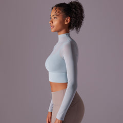 Sexy Mesh Yoga Clothes Long Sleeve Sports Bra with Chest Pad – Quick Drying Workout Top