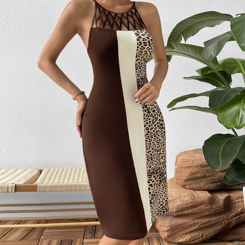 Color Contrast Patchwork Slim Fit Backless Sexy Sling Sheath Dress for Women