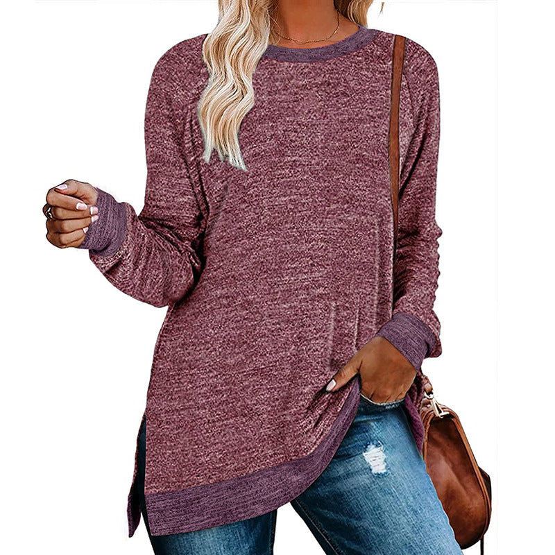 Women Clothing Long Sleeve round Neck Multicolor Split Top Loose Casual Pullover T-shirt