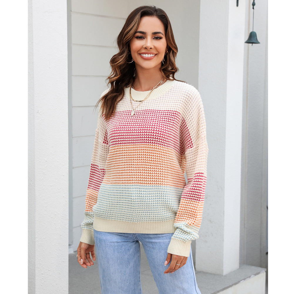 Autumn Casual Sweater: Loose Crew Neck Color Knitwear Top – Color Block