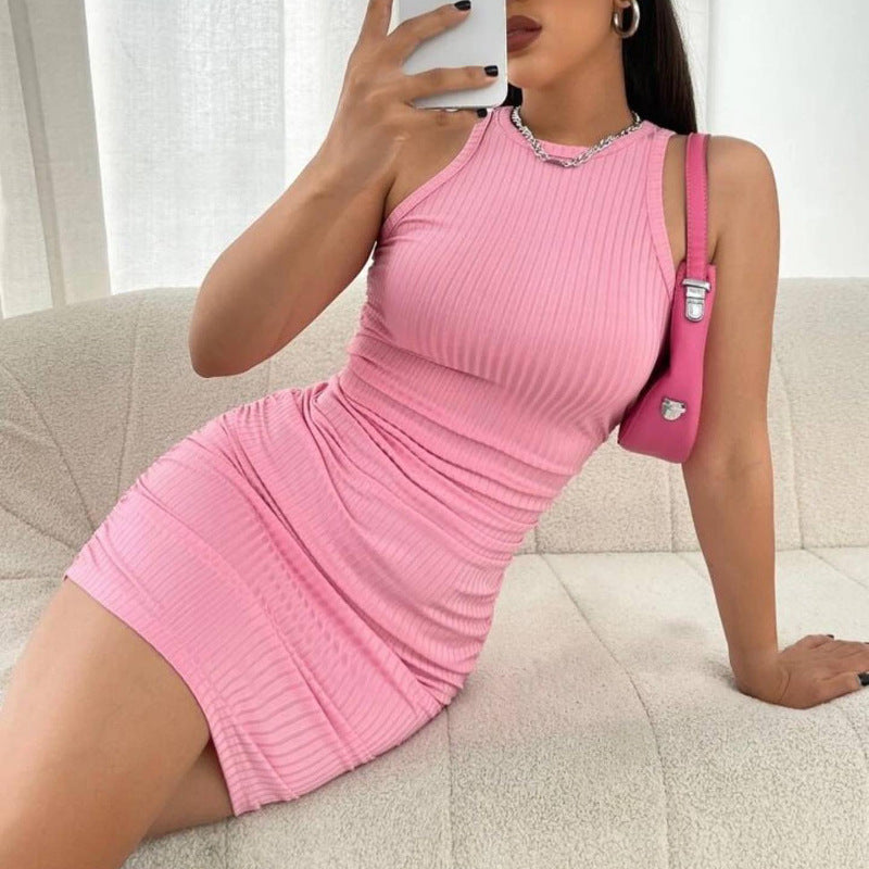 Sleeveless Round Neck Pleated Stretch Slim Fit Sheath Vest Dress Holiday Dress