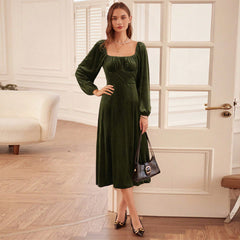 Women’s Autumn Winter Slim Fit Square Collar A-line Velvet Dress with Long Sleeves