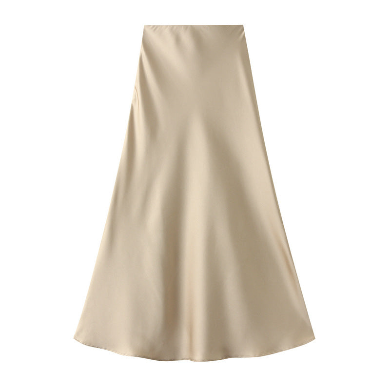 High End Draping Acetate Satin Fishtail Skirt – Women’s Summer Mid Length High Waist Slimming Hip Skirt