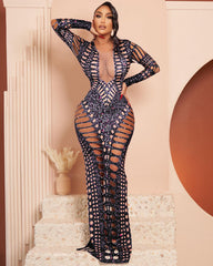 Women Clothing Sexy Ripped Skinny Sheath Dress Rhinestone Printed Dress