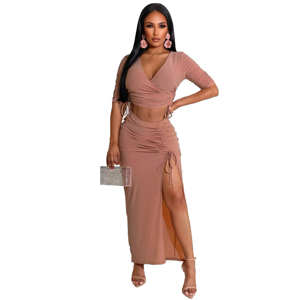 Pleating V-neck T-shirt High Slit Drawstring Skirt Two-Piece Suit