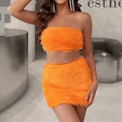 Sexy Solid Color Furry Suit Night Club Sexy Short Tube Top High Waist Hip Wrapped Skirt