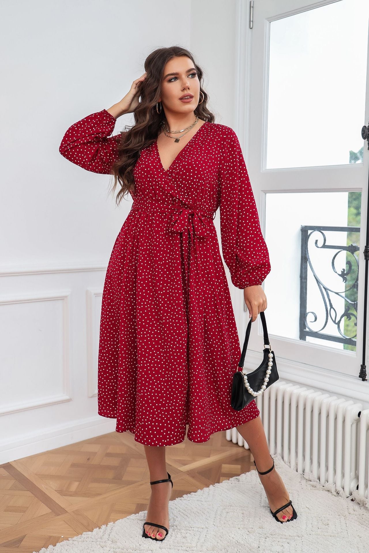 Plus Size Swing Artistic Red Dress – Cotton Office Polka Dot Long Sleeve Women Clothing