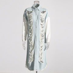 Elegant Street Denim Jacket Autumn Winter Polo Collar Stitching Ripped Hollow Out Cutout out Mid Length Jacket