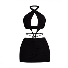 Women Hollow Out Cutout Bare Back Halterneck Vest Dress Sexy Hip Dress