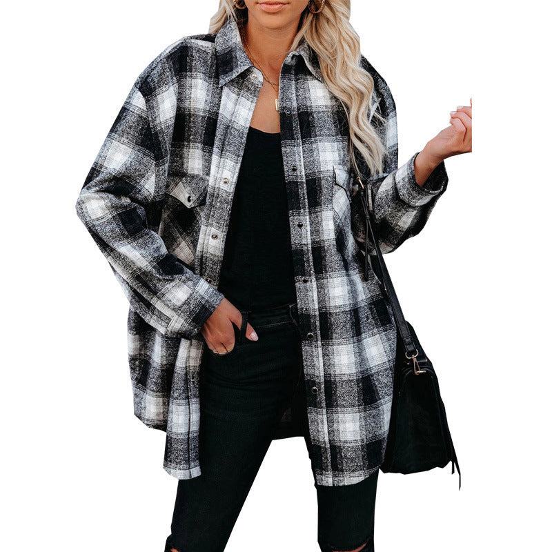 Women Clothing Autumn Winter Plaid Shirt Mid-Length Loose Lapels Cardigan Shirt