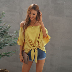 off Neck Chiffon Shirt Women Summer Solid Color Three Quarter Length Sleeve Lace up Pullover Top