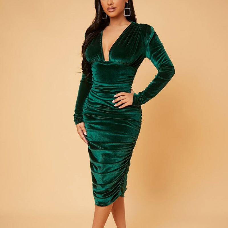 Sexy Slim Fit Sheath Women Dress Solid Color Velvet Long Sleeve Pleated Collarless Deep V Plunge Dress