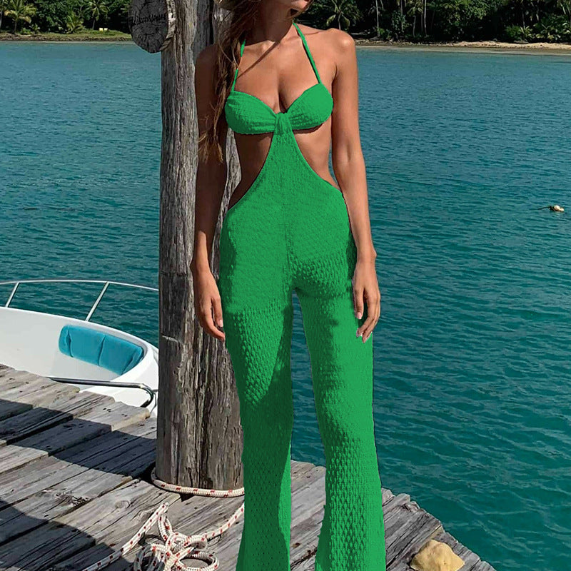 Summer Beach Sexy Backless Lace up Women Hollow Out Cutout Wide Leg Jumpsuit