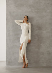 Ivory Elegance Maxi Dress with Asymmetric Draping