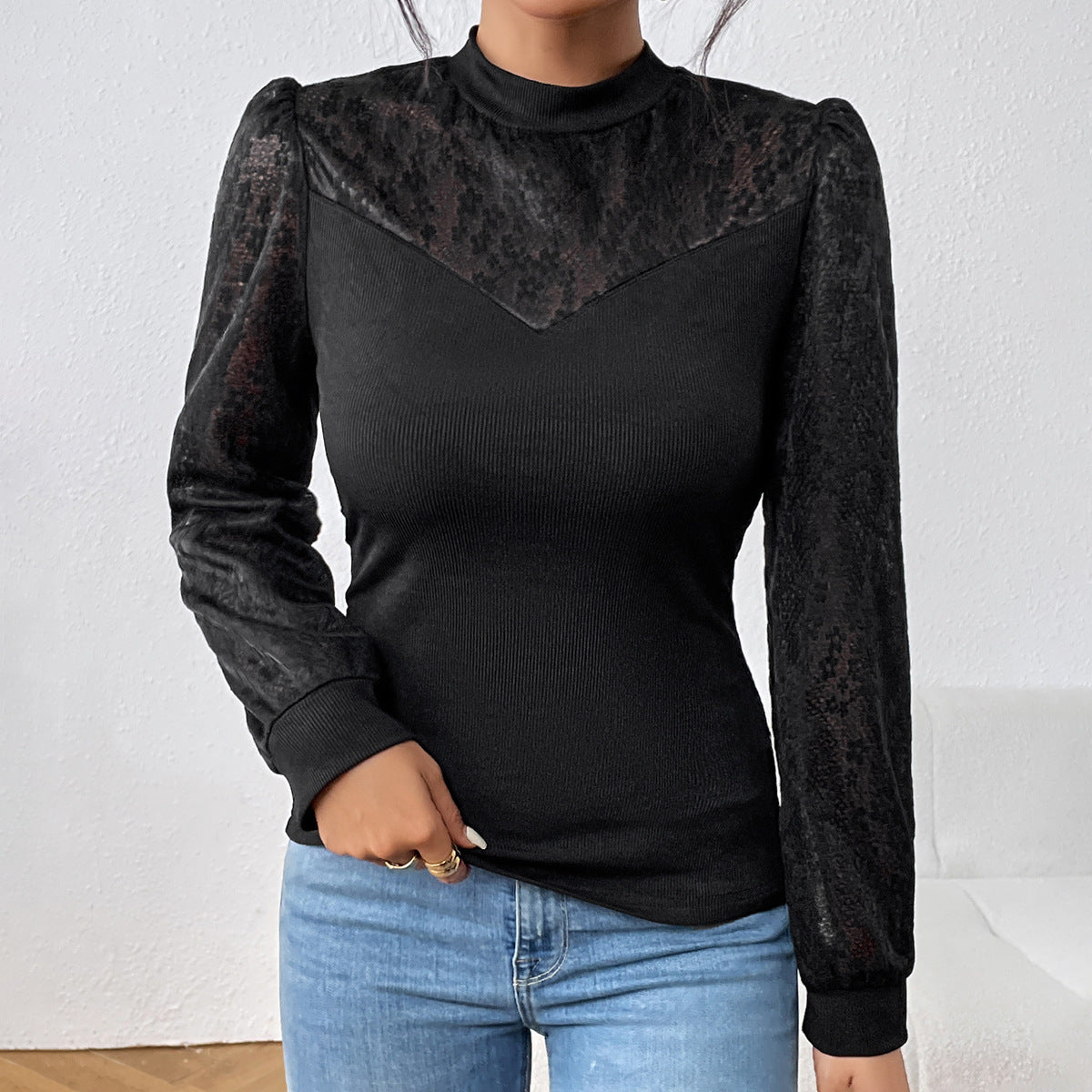 Women Arrival Half Turtleneck Lace Women Long Sleeved Top Thin Bottoming Shirt