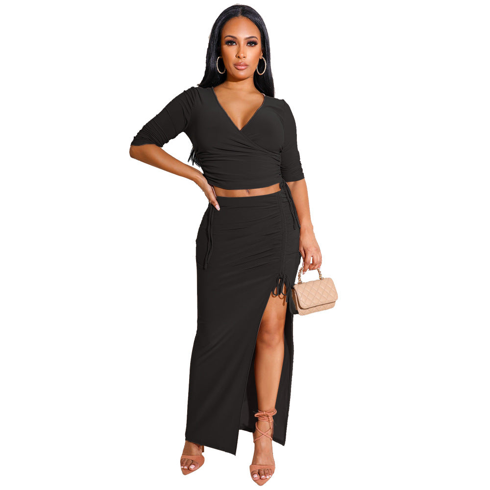 Pleating V-neck T-shirt High Slit Drawstring Skirt Two-Piece Suit