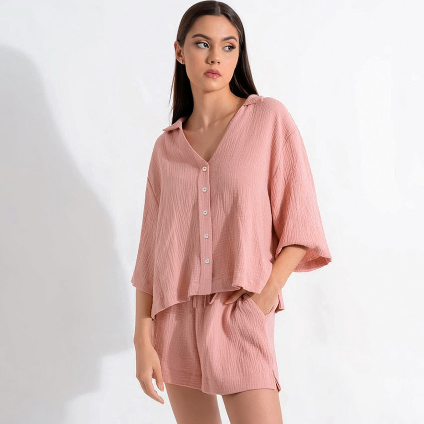 Autumn Five Quarter Sleeve Pajamas Loose Crepe Cotton Shorts Suit Ladies Homewear Can Be Worn