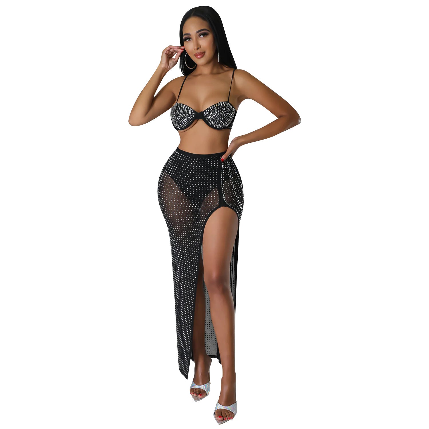 Summer Women Clothing Sexy Mesh Drilling Nightclub Skirt Two Piece Set