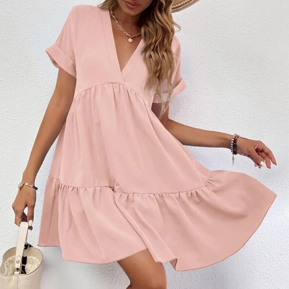 Women Solid Color Loose Waist Midi Dress V neck Dress for Women