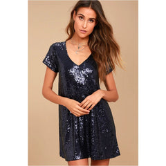 V Neck Short Sleeve Beaded Dress Women Party Sequin Casual Dress