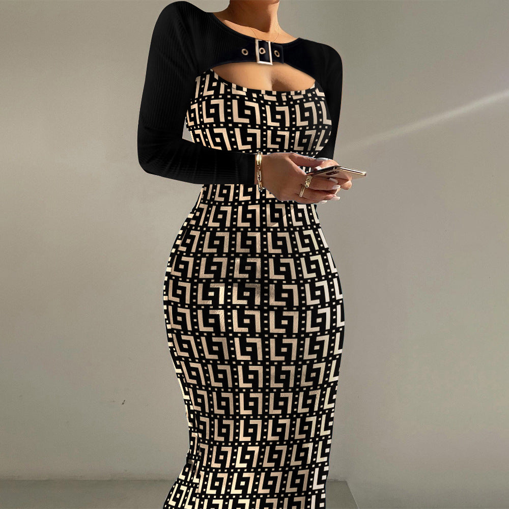 Plus Size Women Clothing Autumn Skinny Print False Two Piece Fishtail Dress