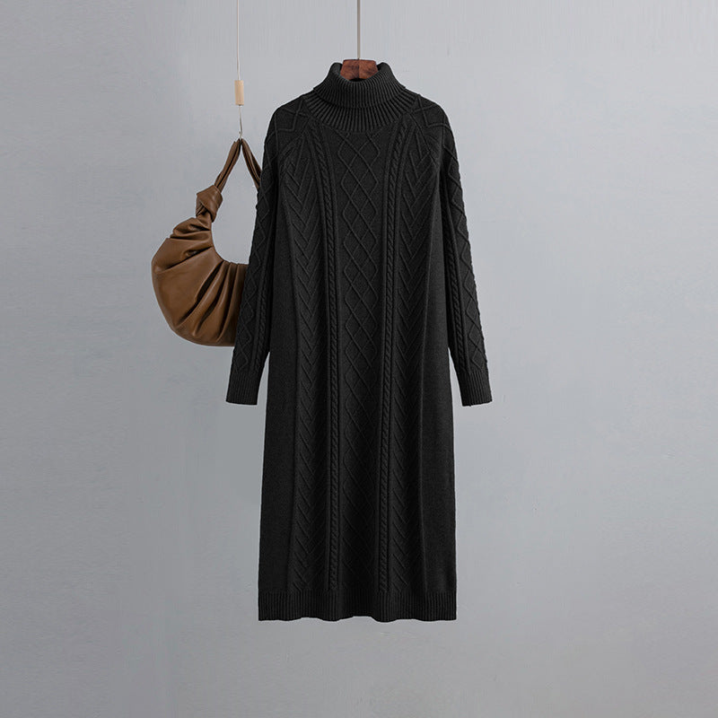 Heaps Collar Twist Woolen Women Autumn Winter Thick Loose Mid Length Over The Knee Knitted Dress