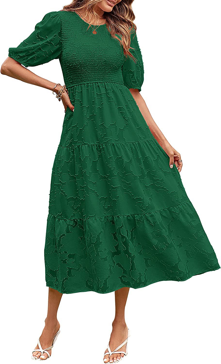 Summer Women Clothing Round Neck Pleated Puff Sleeve Layered Floral Dress