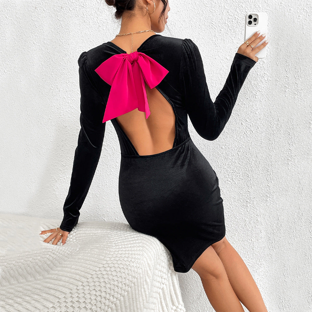 Popular Velvet Bare Back Contrast Color Bow Slim Fit Slim Sexy Hip