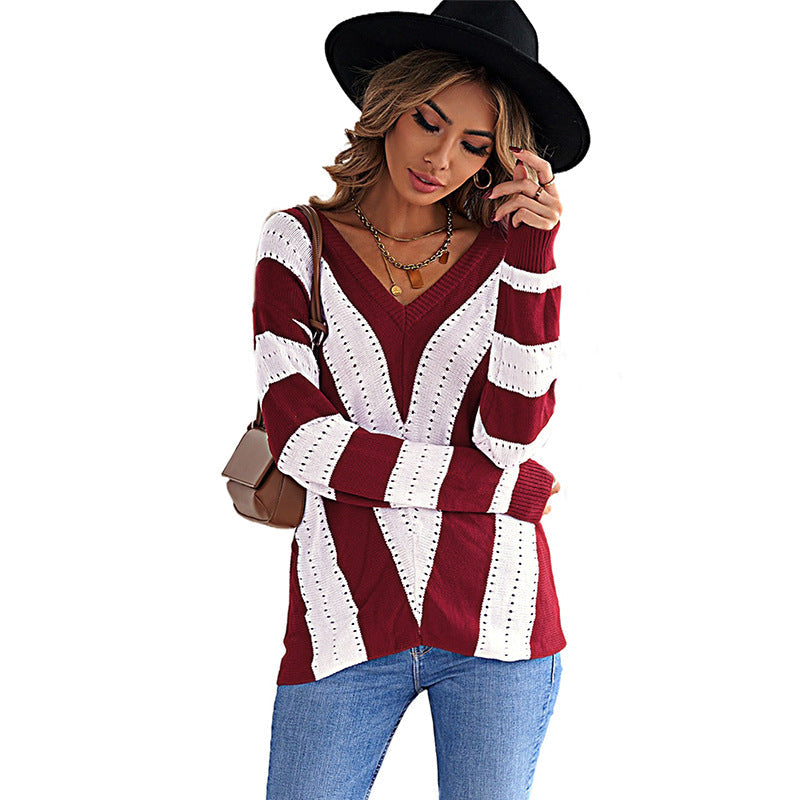 Striped Outerwear Sweater Women Autumn Winter Contrast Color Long Sleeves Knitted Underwear Top