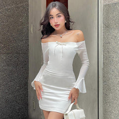 Sexy Mesh Stitching Bow Decorative One Word White Sheath Women Clothing Early Autumn