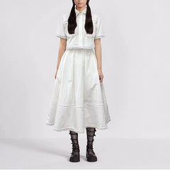 French Elegant Collared Ruffled Short Sleeves Shirt High Waist Midi A  line Skirt Two Piece Set