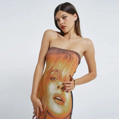 Summer Women Clothing Sexy Oil Painting Retro Strapless Dress – Duplex Printing Sheath Dress