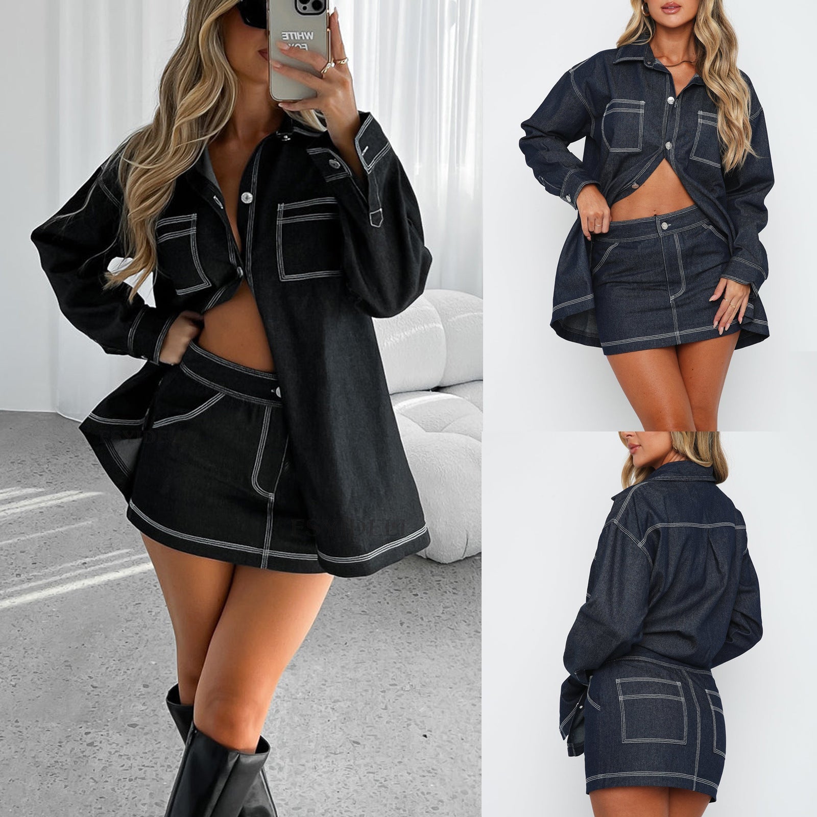 Summer Retro Set Denim Shacket Women’s Half-Length Denim Short Skirt Casual Two Piece Suit