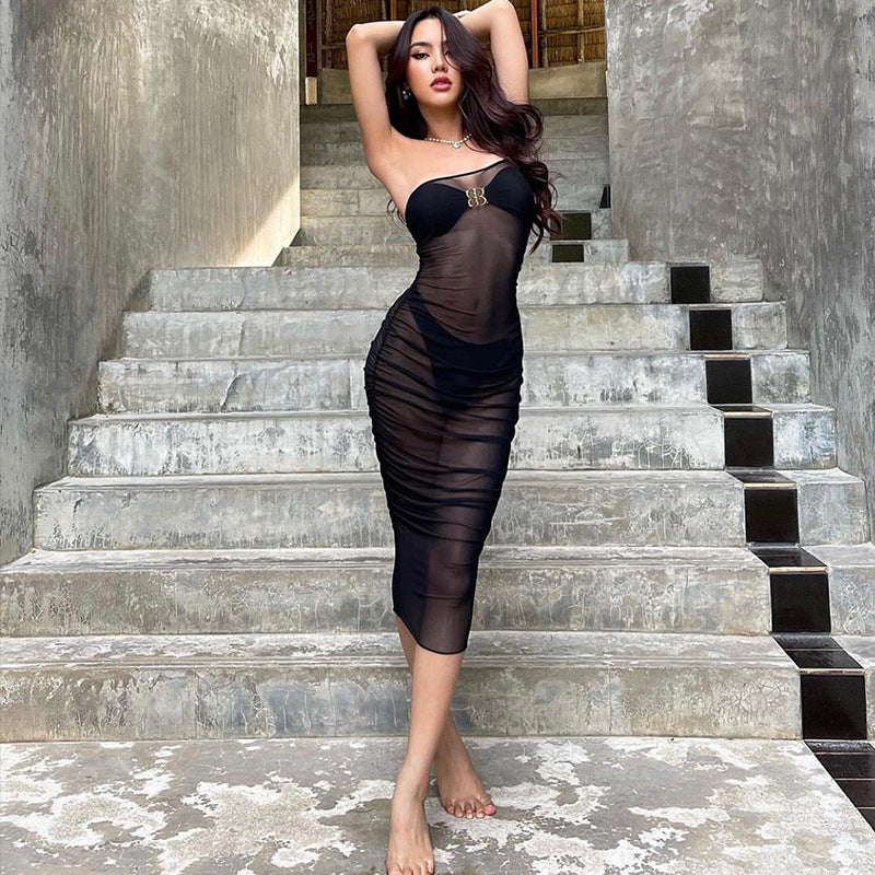 Women Clothing Summer Mesh See through One Shoulder Sleeveless Sexy Dress