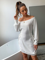 Women Spring Autumn Dress off Shoulder Waist Belt Puff Sleeve Knitted Office Dress