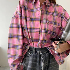 Retro Classic Plaid Shirt Pink Plaid Top Collared Loose Shirt