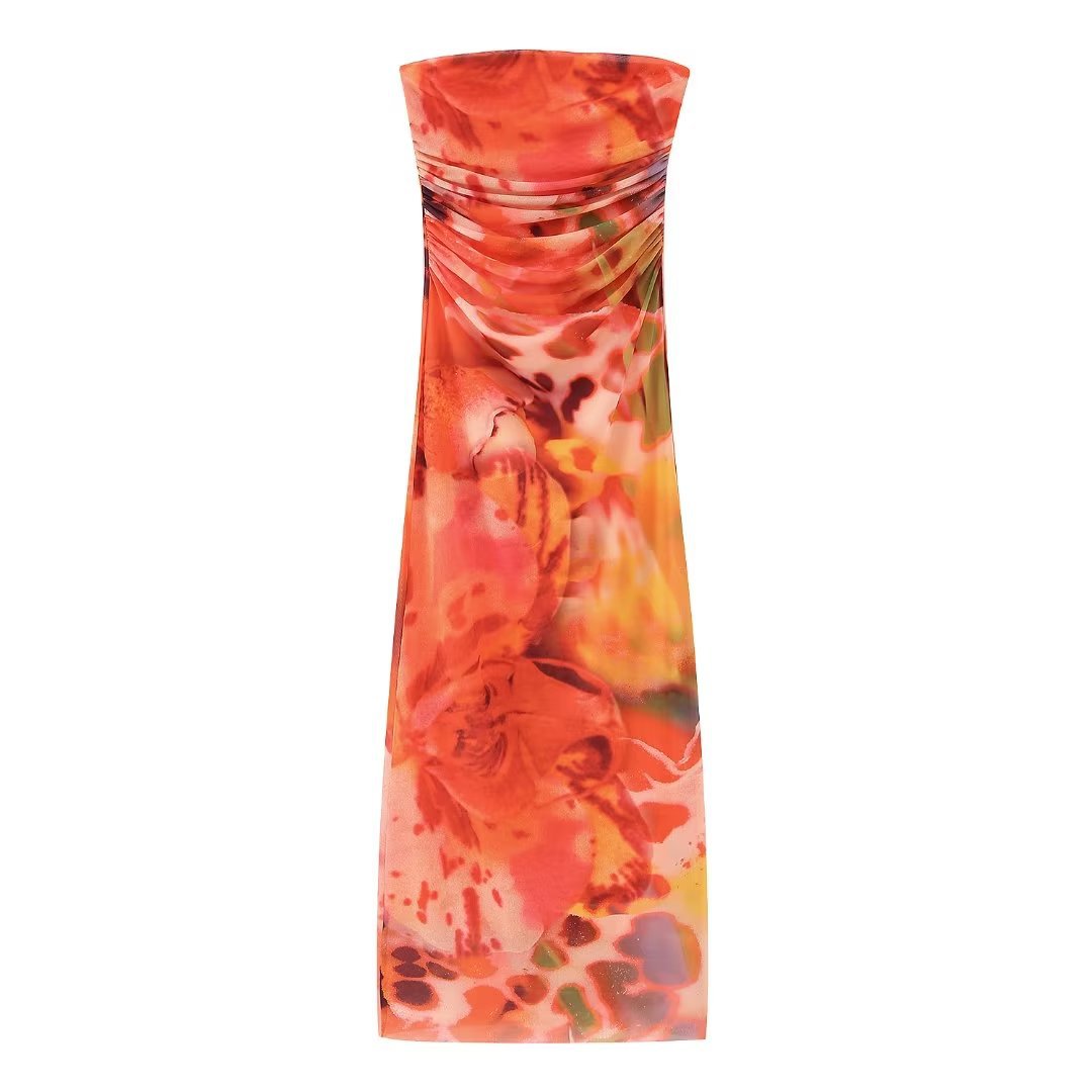 Summer Women Elegant Printed Silk Net Tube Top Dress – Floral Print Sleeveless Maxi Gown