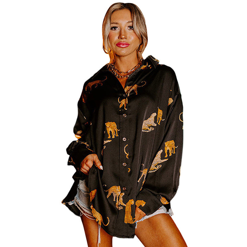 Autumn Solid Color Satin Long Sleeve Cardigan – Women’s Thin Personalized Animal Print Shirt