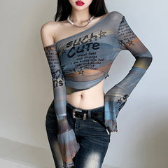 Sexy Mesh See through Letter Graphic Print Contrast Color off Shoulder Short Sleeved T shirt Top