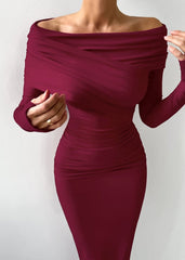 Burgundy Off-Shoulder Ruched Maxi Dress