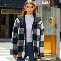 Women’s Autumn Winter Plaid Loose Casual Buckle-Free Cardigan with Double Layer Plush Coat