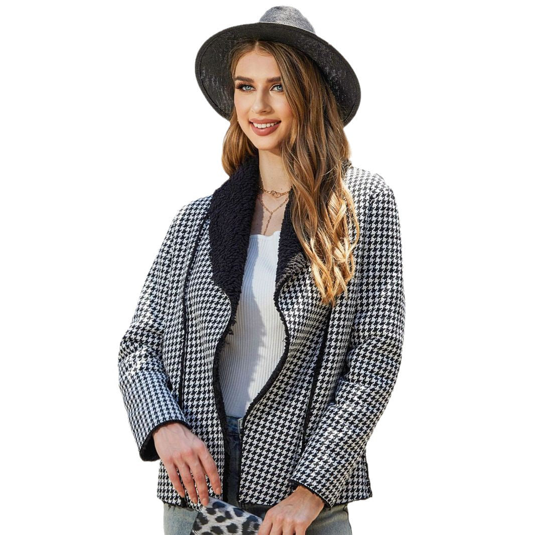 Autumn Winter Women Clothing Cardigan Long Sleeve Collared Houndstooth Composite Plush Coat Women