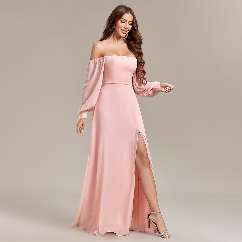 Women Multiple Wear Elegant Tube Top Elastic Long Sleeve Back Zipper High Slit Formal Dress A line Chiffon Dress