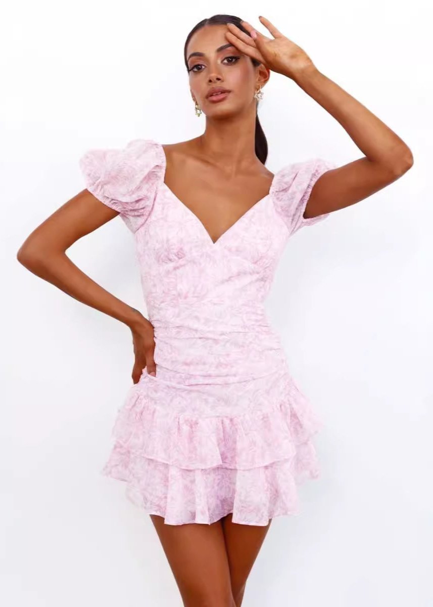 Blush Blossom Puff-Sleeve Mini Dress