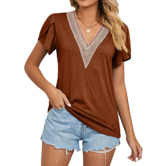 Spring Summer Golden Lace V Neck Tile Short Sleeve Solid Color T Shirt Top