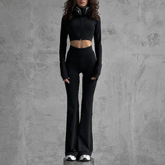 Casual Zipper Short Cardigan Sheath High Waist Flared Pants Pure Black Sports Suit Autumn